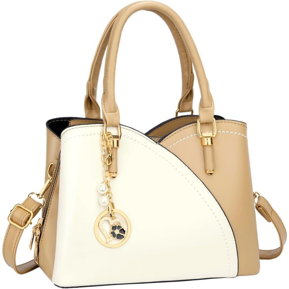 Women’s Khaki White Triple Compartment Satchel Fashion Top Handle Shoulder Bag